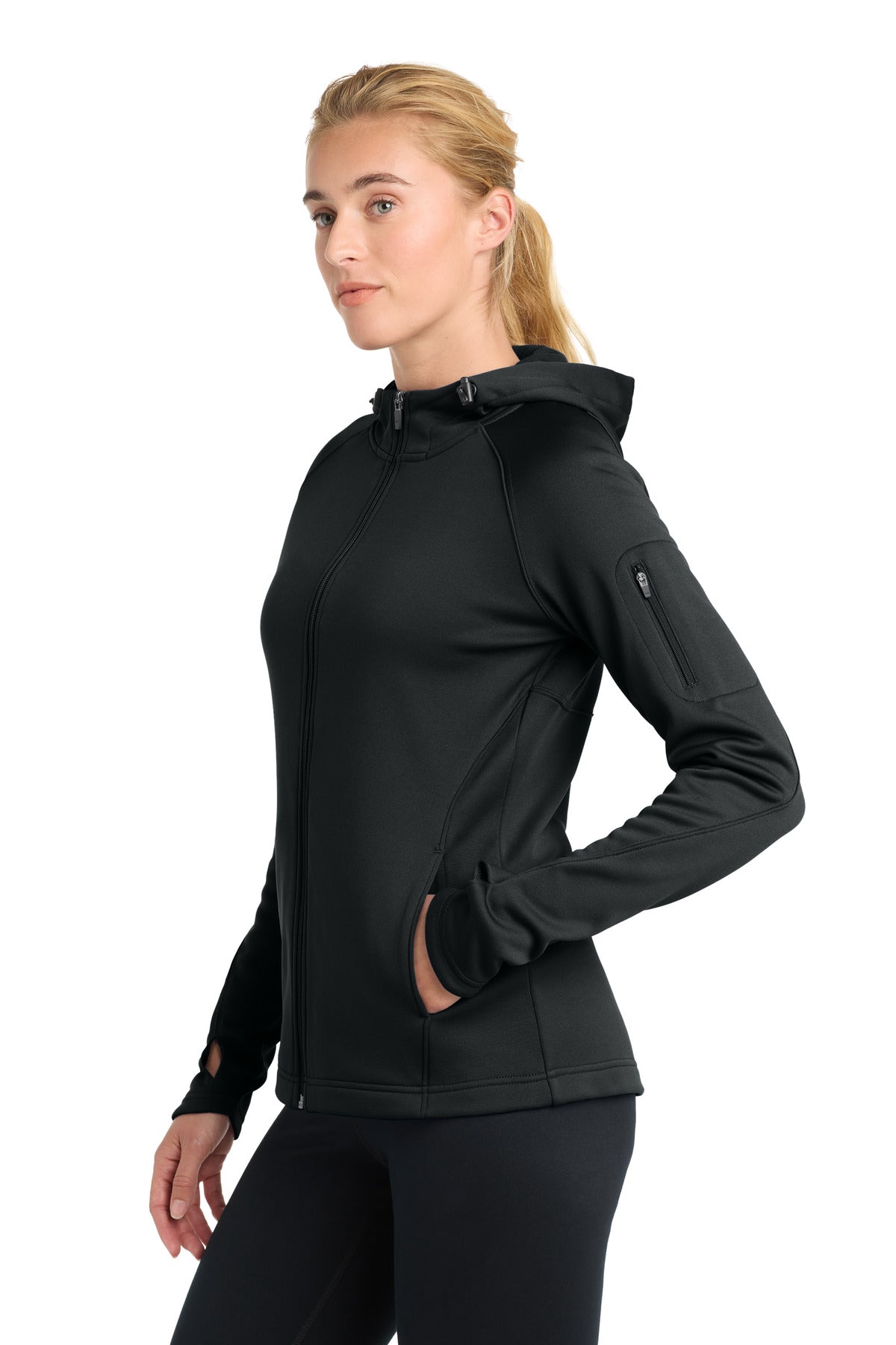 Black Sport-Tek Women's Tech Fleece Full-Zip Hooded Jacket. L248