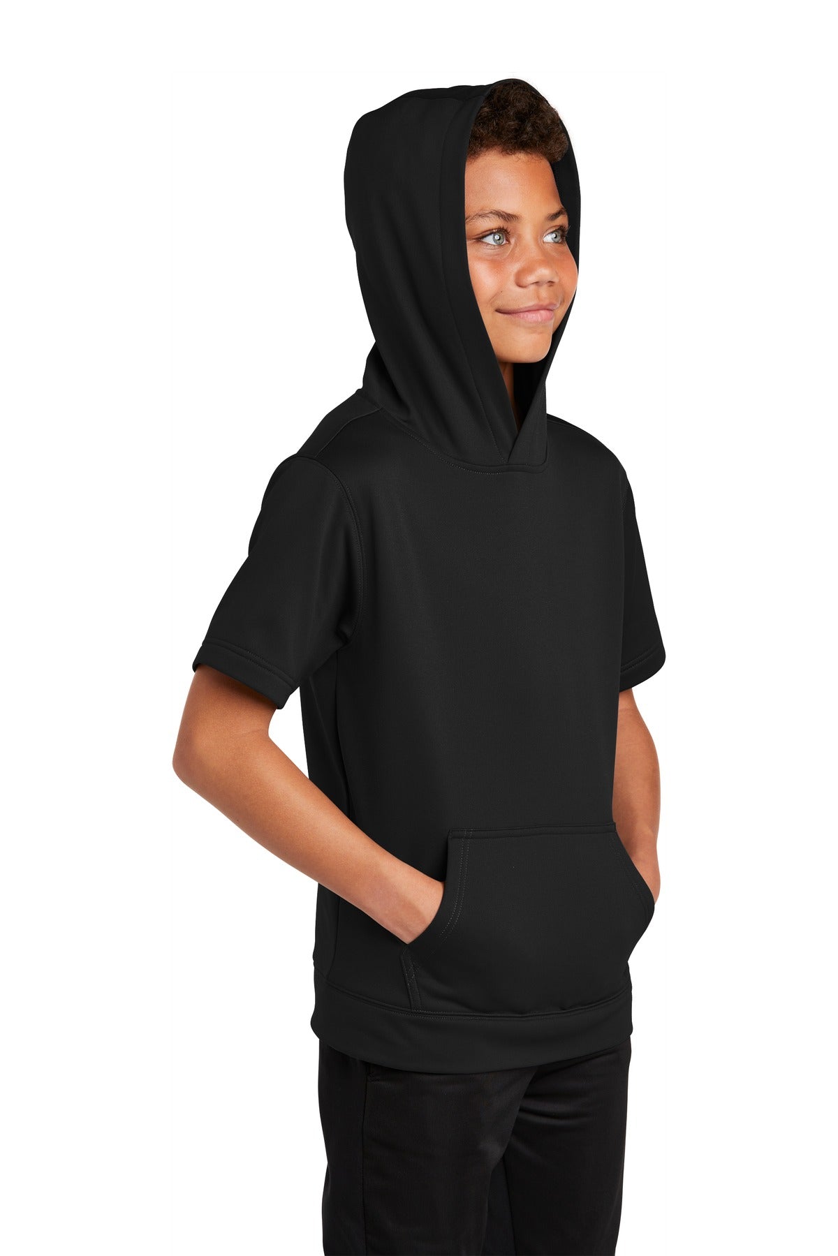 Black Sport-Tek Youth Sport-Wick Fleece Short Sleeve Hooded Pullover. YST251