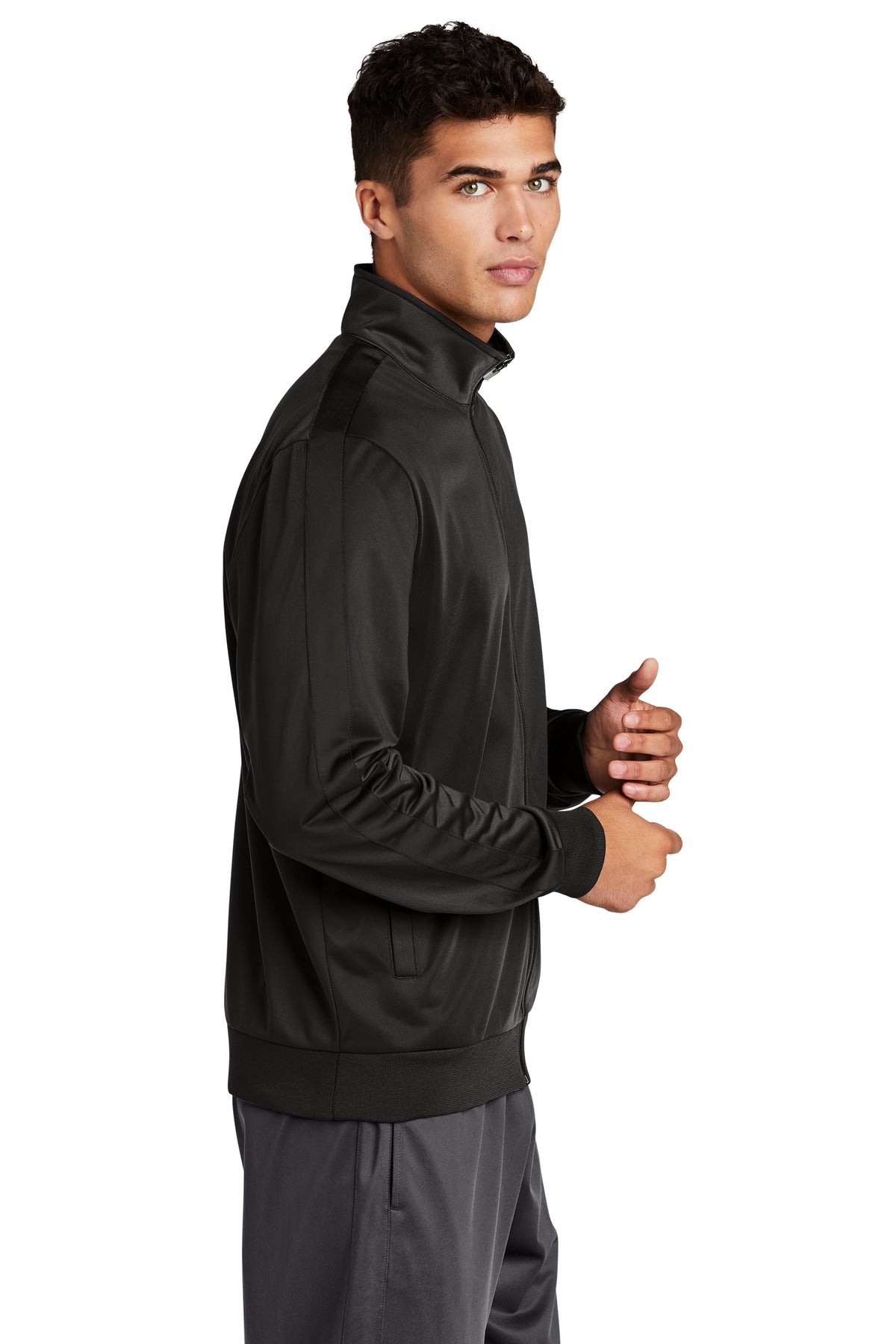 Black/Black Sport-Tek Tricot Sleeve Stripe Track Jacket. JST94