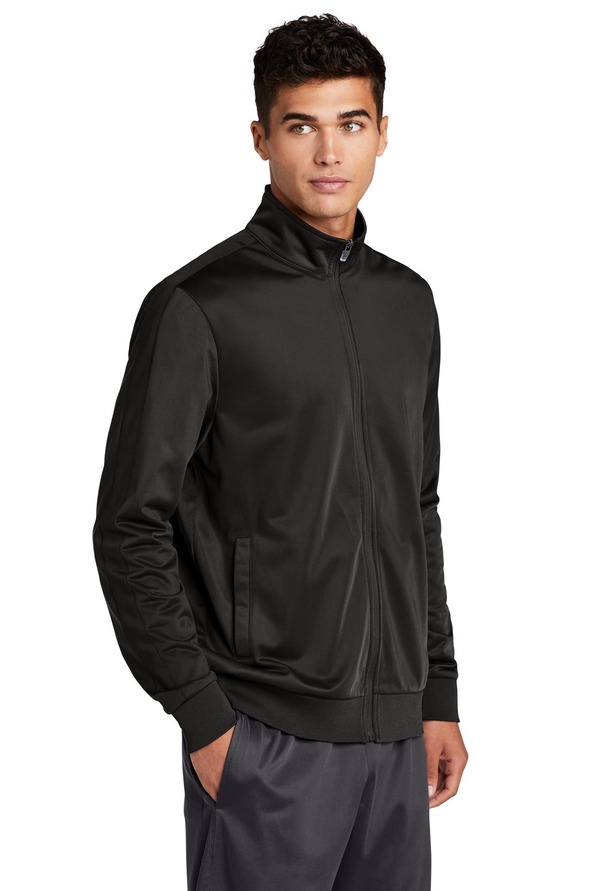 Black/Black Sport-Tek Tricot Sleeve Stripe Track Jacket. JST94