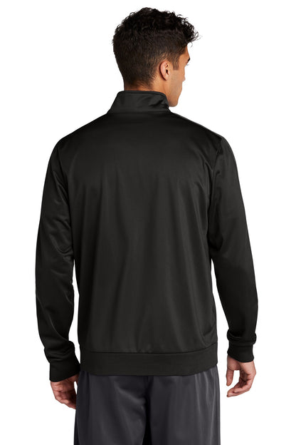 Black/Black Sport-Tek Tricot Sleeve Stripe Track Jacket. JST94