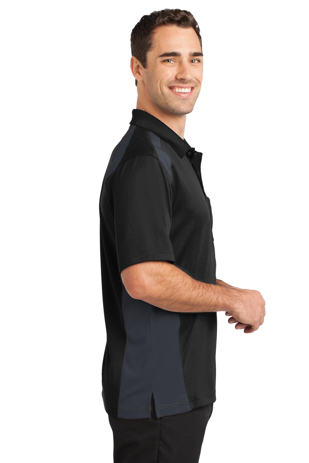 Black/Charcoal CornerStone Select Snag-Proof Two Way Colorblock Pocket Polo. CS416