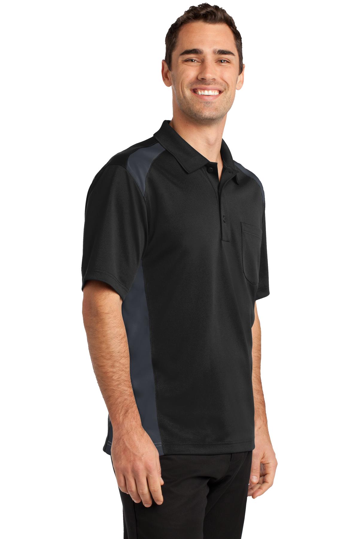 Black/Charcoal CornerStone Select Snag-Proof Two Way Colorblock Pocket Polo. CS416
