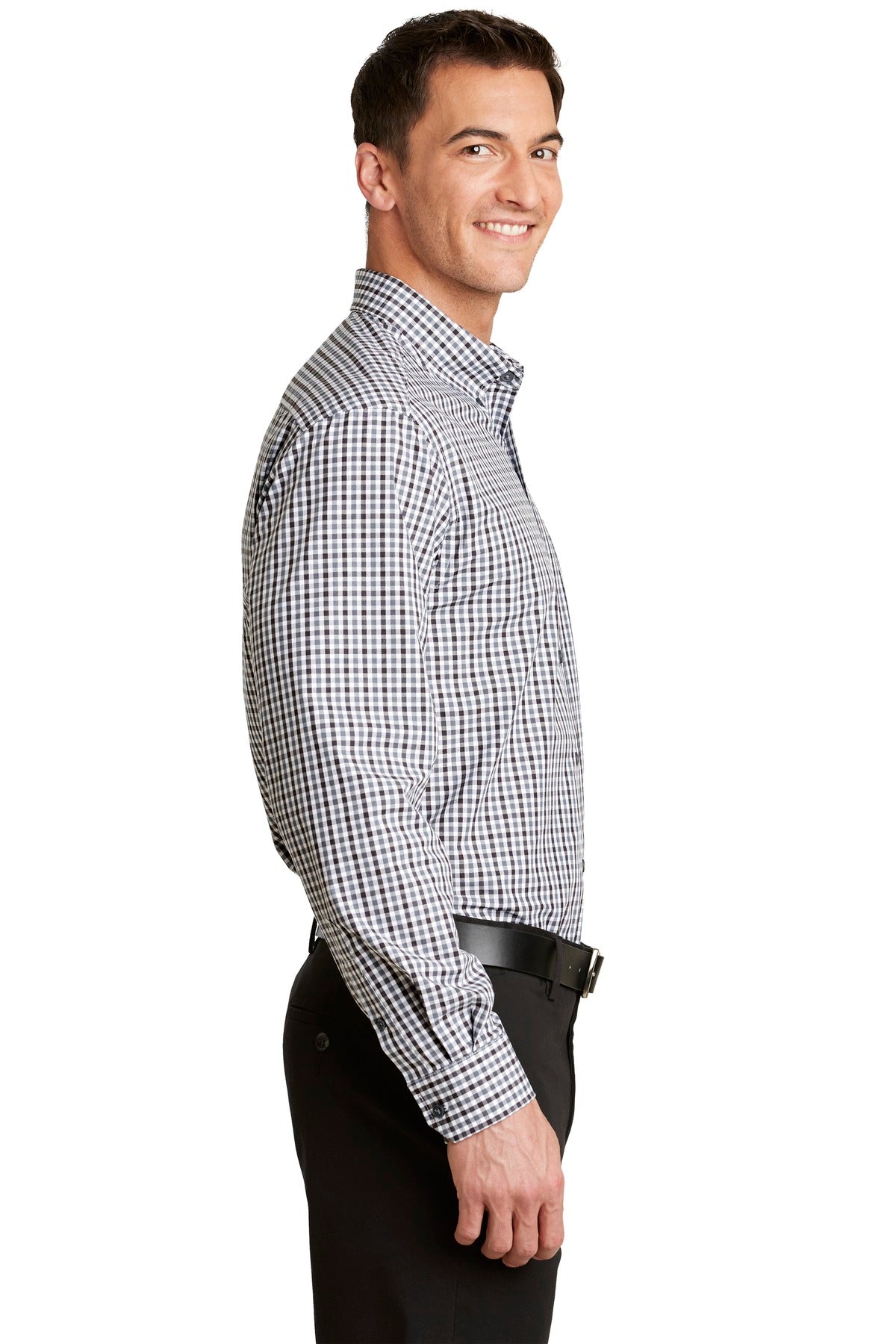 Black/Charcoal Port Authority Long Sleeve Gingham Easy Care Shirt. S654