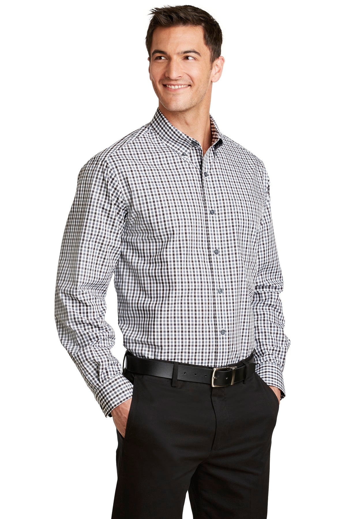 Black/Charcoal Port Authority Long Sleeve Gingham Easy Care Shirt. S654