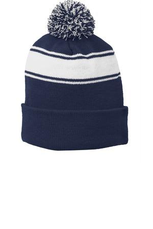 Black/Gold Sport-Tek Stripe Pom Pom Beanie. STC28