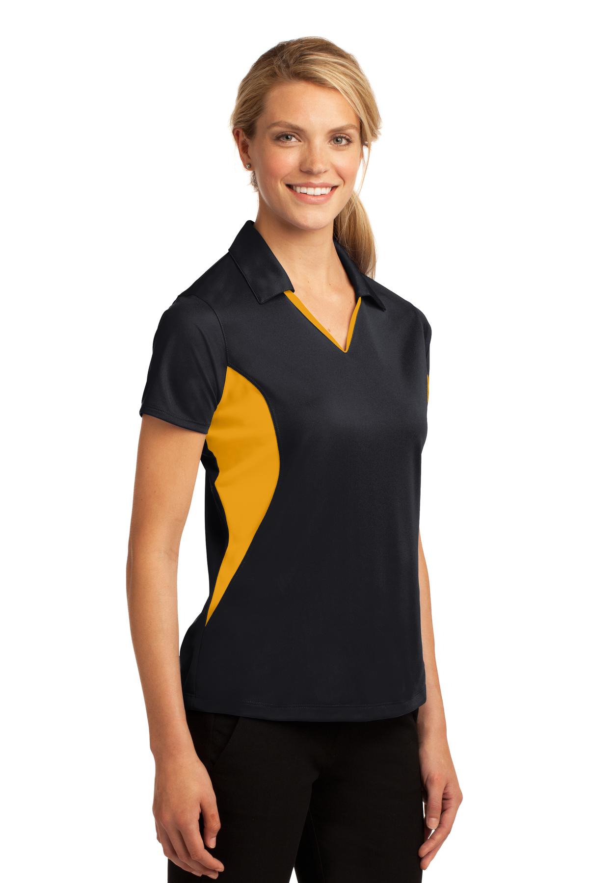 Black/Gold Sport-Tek Women's Side Blocked Micropique Sport-Wick Polo. LST655