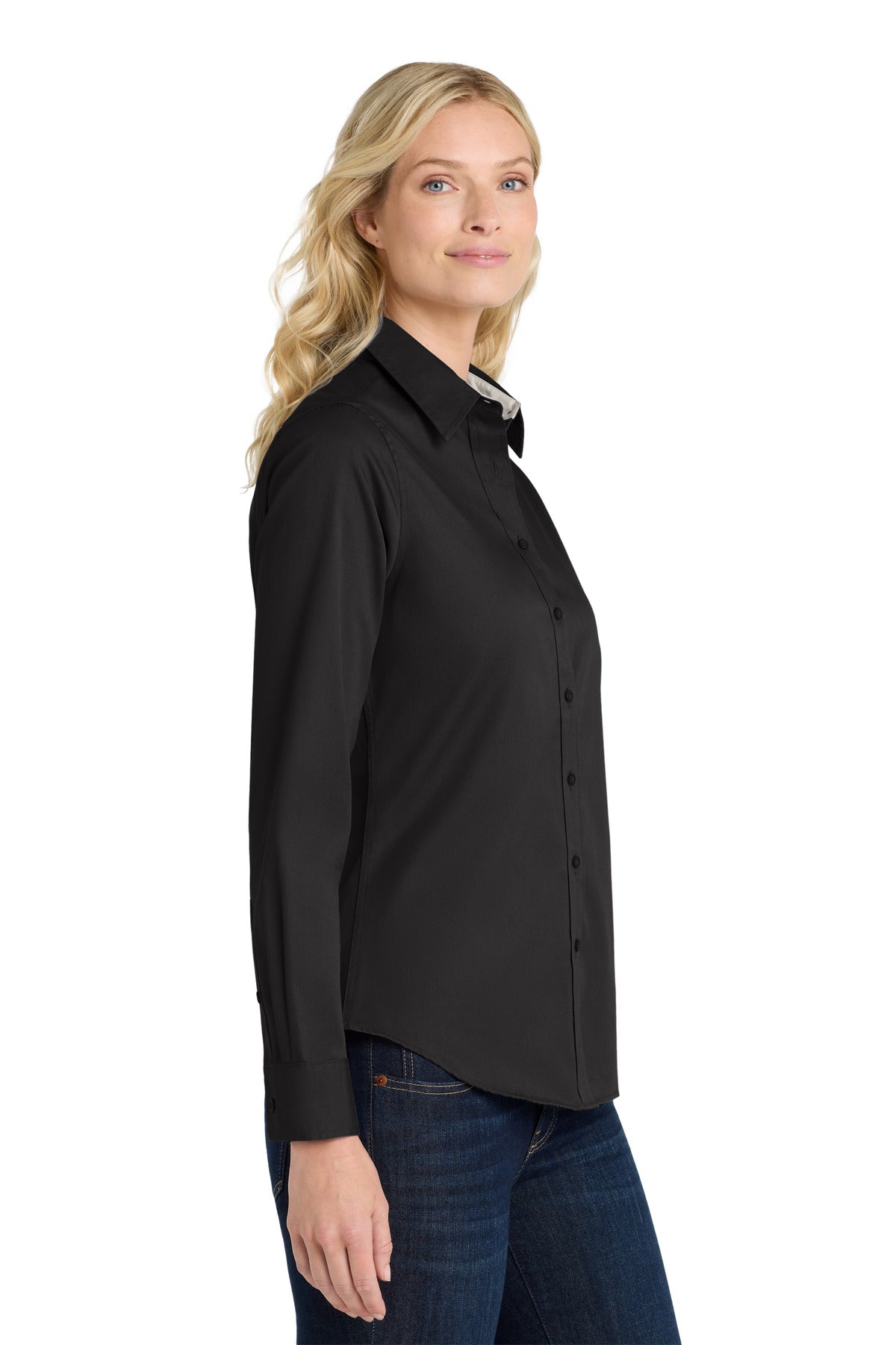 Black/Lt Stone Port Authority Women's Long Sleeve Easy Care Shirt. L608