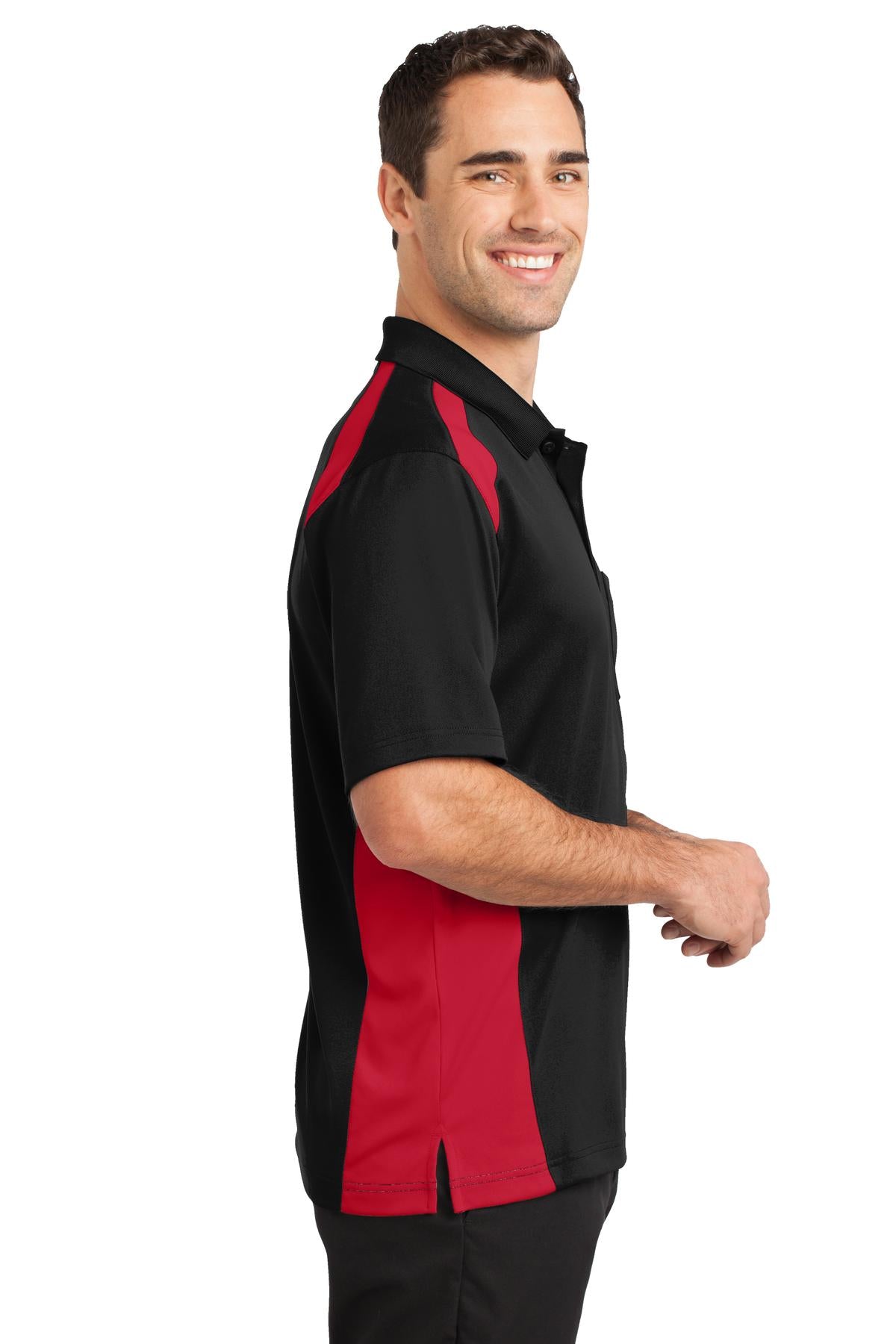 Black/Red CornerStone Select Snag-Proof Two Way Colorblock Pocket Polo. CS416
