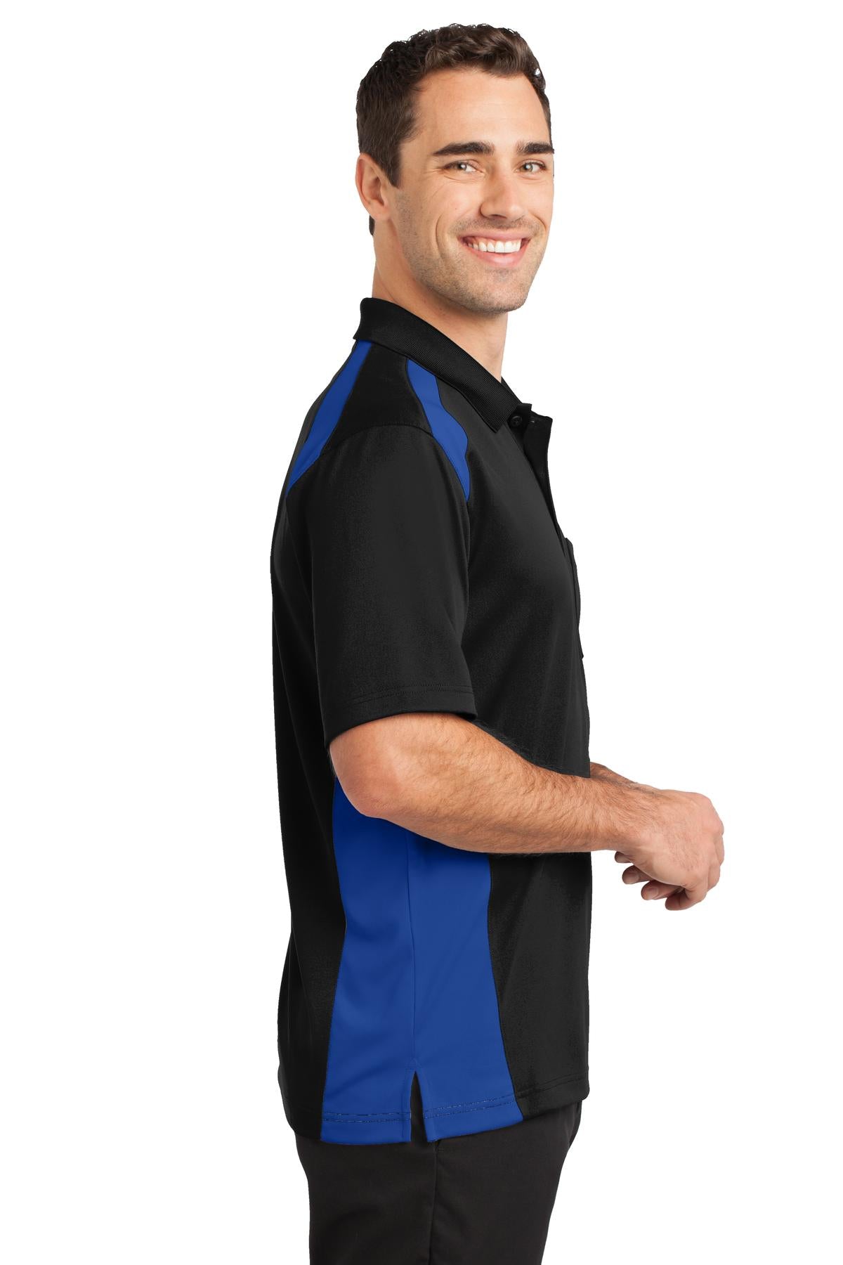 Black/Royal CornerStone Select Snag-Proof Two Way Colorblock Pocket Polo. CS416