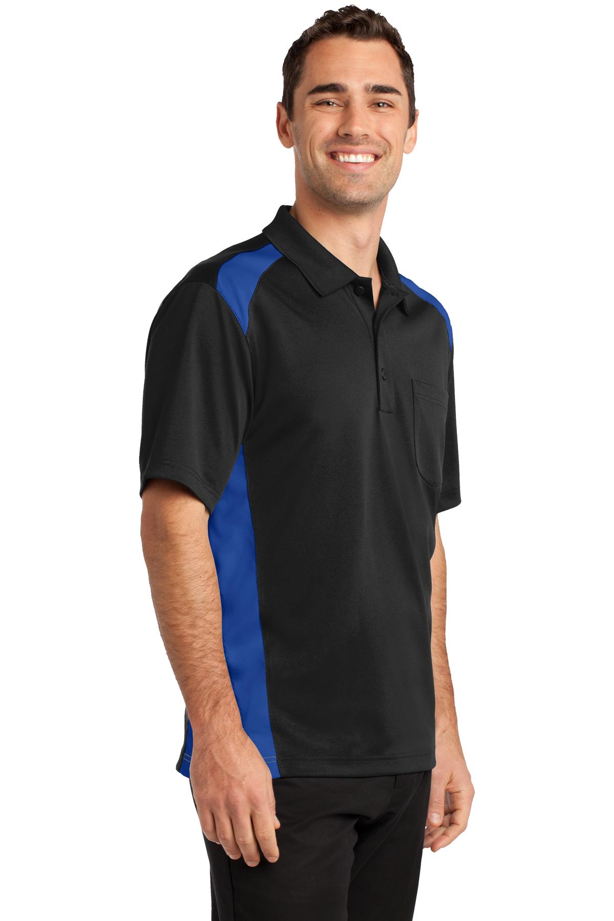 Black/Royal CornerStone Select Snag-Proof Two Way Colorblock Pocket Polo. CS416