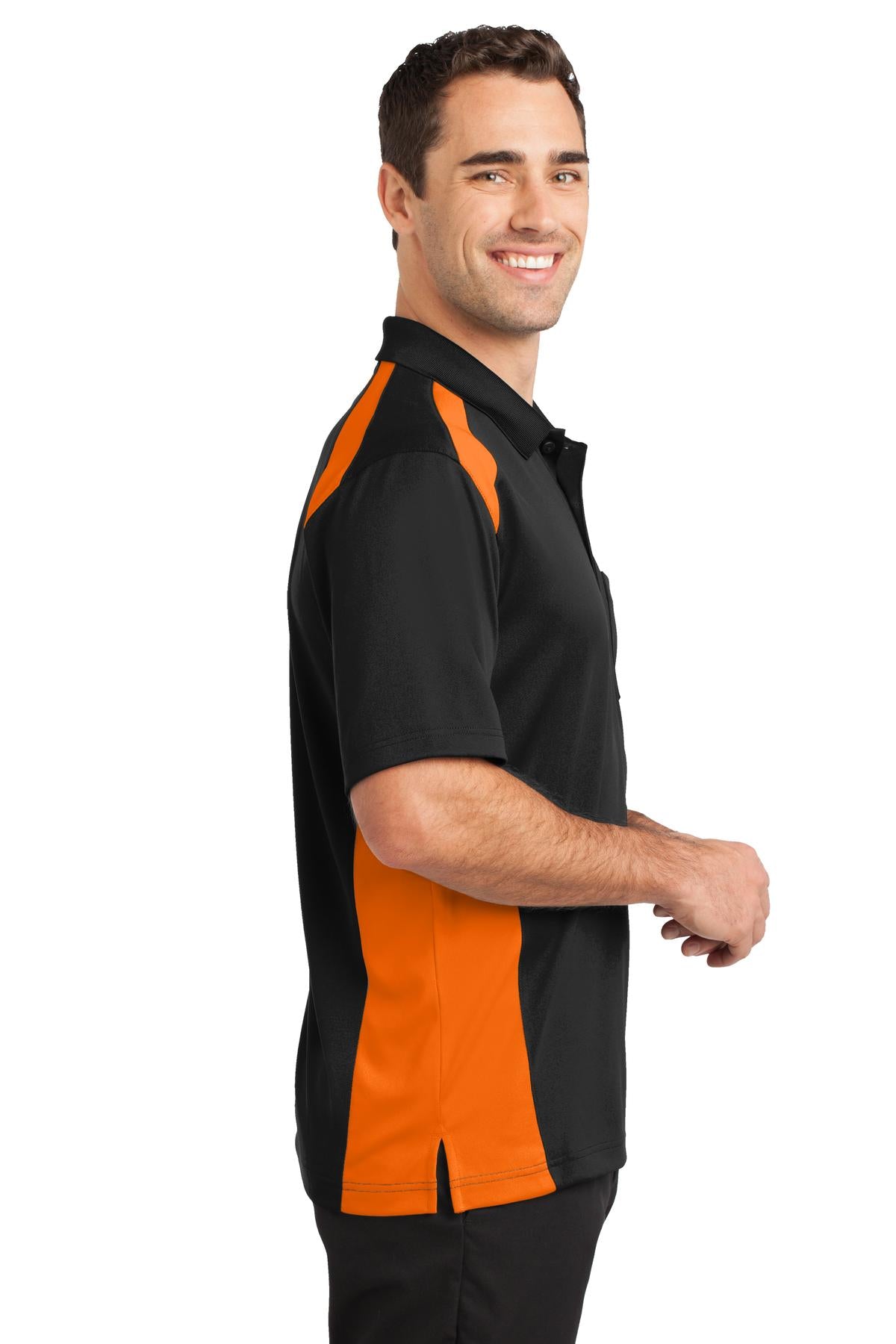 Black/Shck Org CornerStone Select Snag-Proof Two Way Colorblock Pocket Polo. CS416