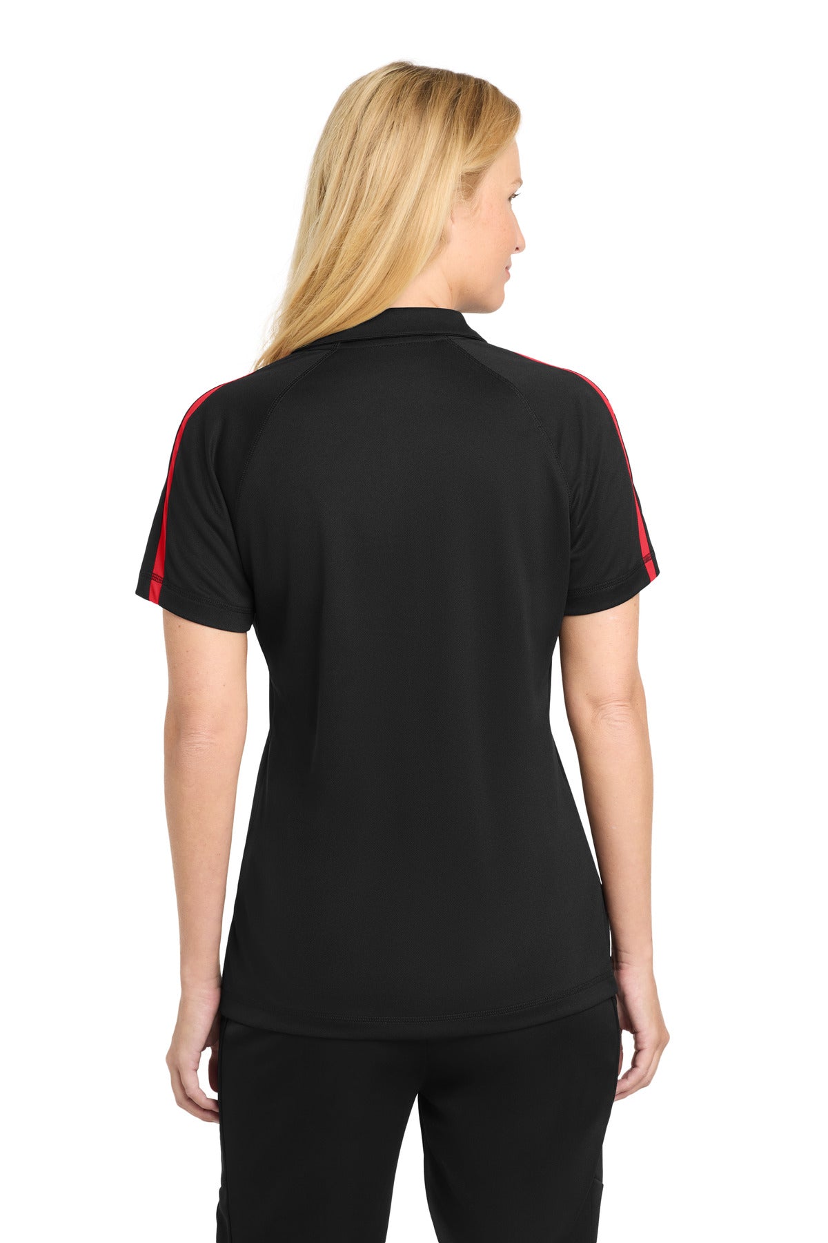Black/Tr Red Sport-Tek Women's PosiCharge Micro-Mesh Colorblock Polo. LST685