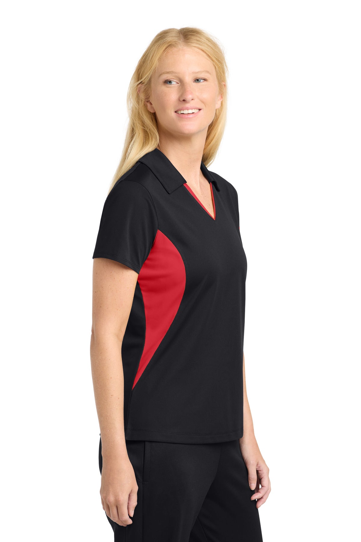 Black/True Red Sport-Tek Women's Side Blocked Micropique Sport-Wick Polo. LST655