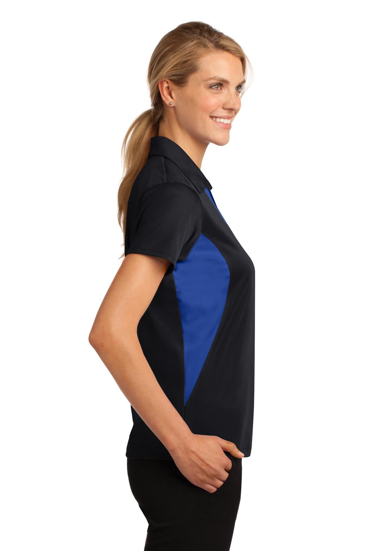 Black/True Ryl Sport-Tek Women's Side Blocked Micropique Sport-Wick Polo. LST655