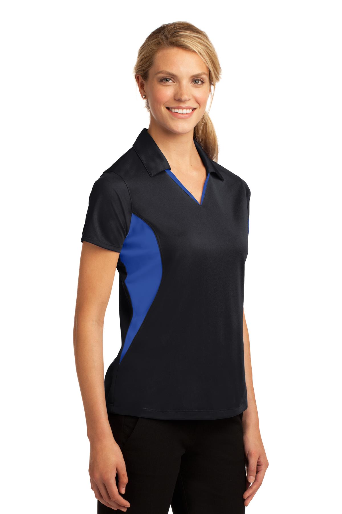 Black/True Ryl Sport-Tek Women's Side Blocked Micropique Sport-Wick Polo. LST655
