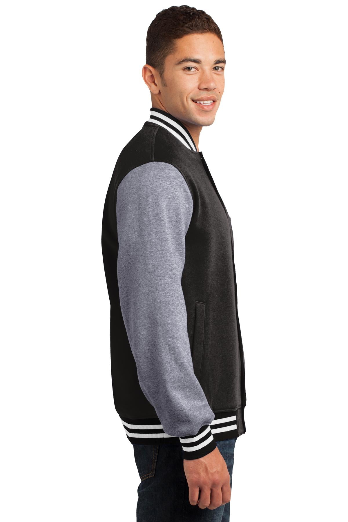Black/Vnt Hthr Sport-Tek Fleece Letterman Jacket. ST270