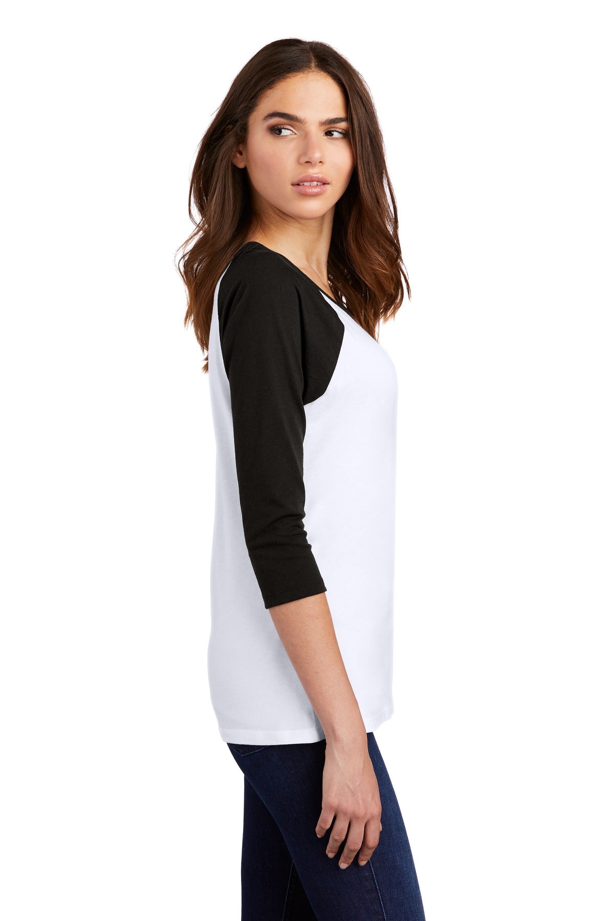 Black/White District Women's Perfect Tri 3/4-Sleeve Raglan. DM136L