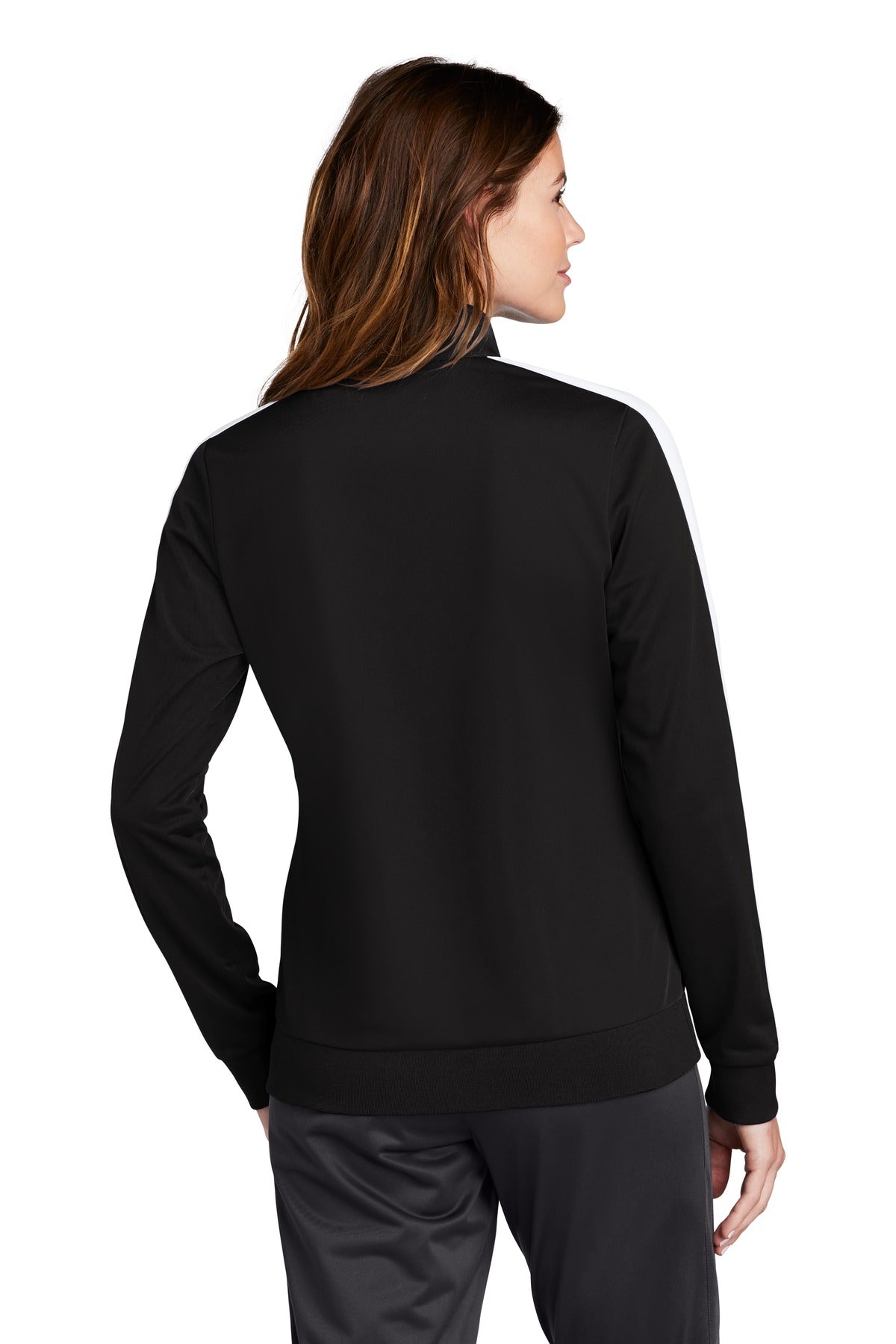 Black/White Sport-Tek Ladies Tricot Sleeve Stripe Track Jacket. LST94