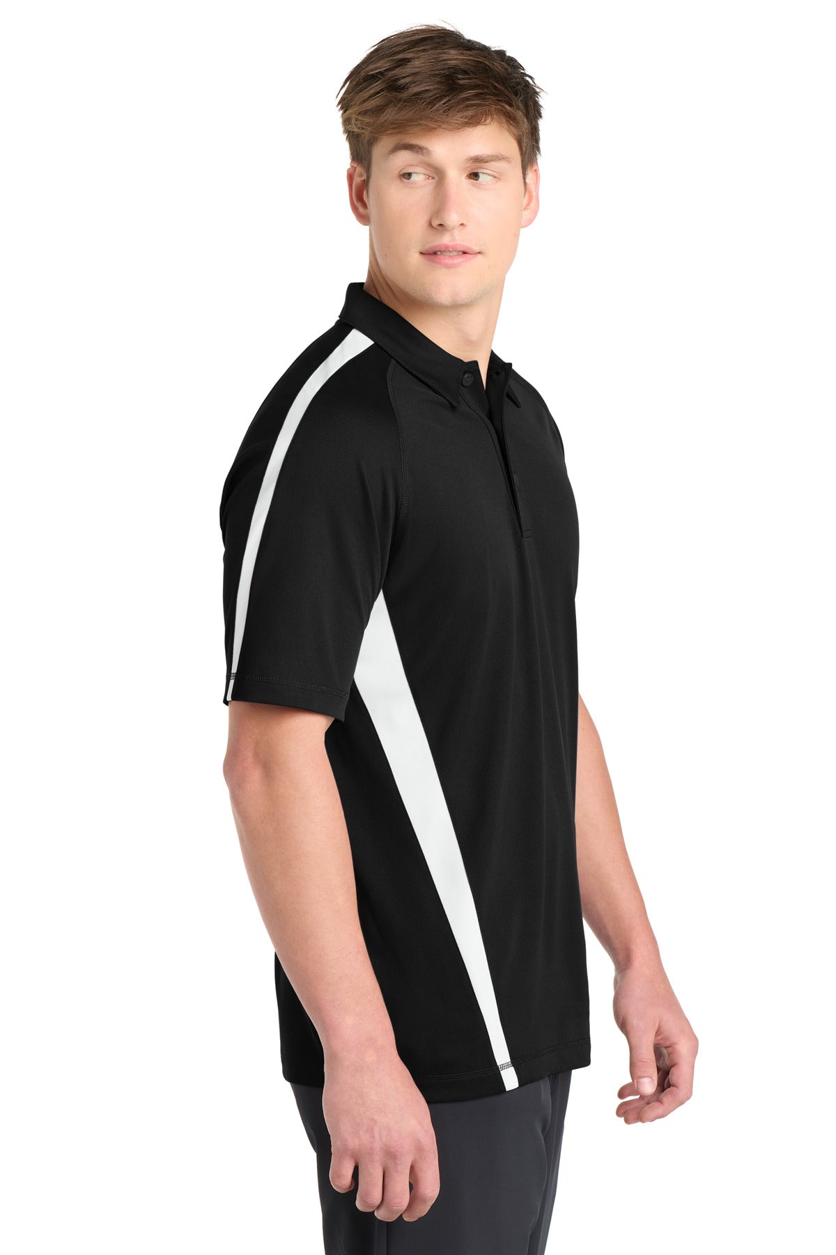 Black/White Sport-Tek PosiCharge Micro-Mesh Colorblock Polo. ST685