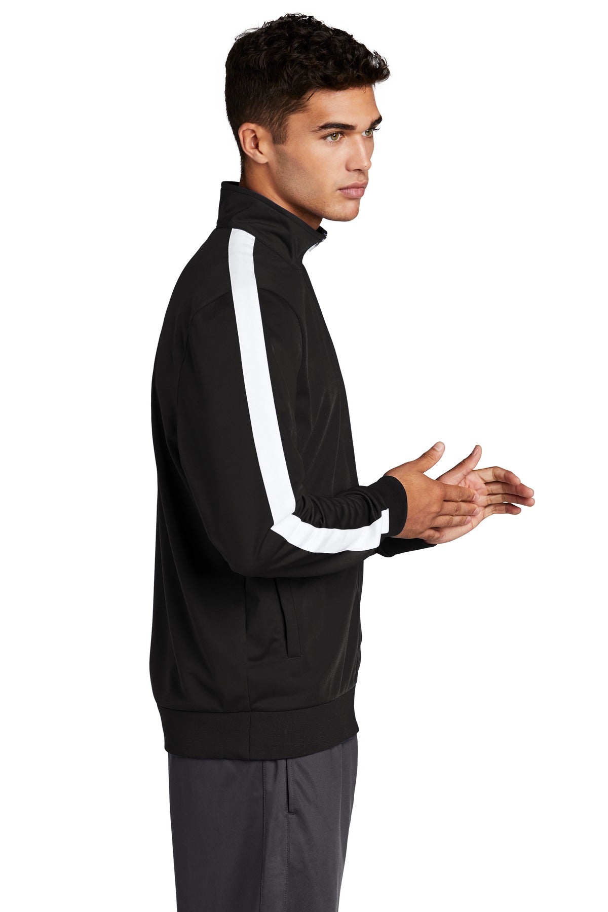 Black/White Sport-Tek Tricot Sleeve Stripe Track Jacket. JST94