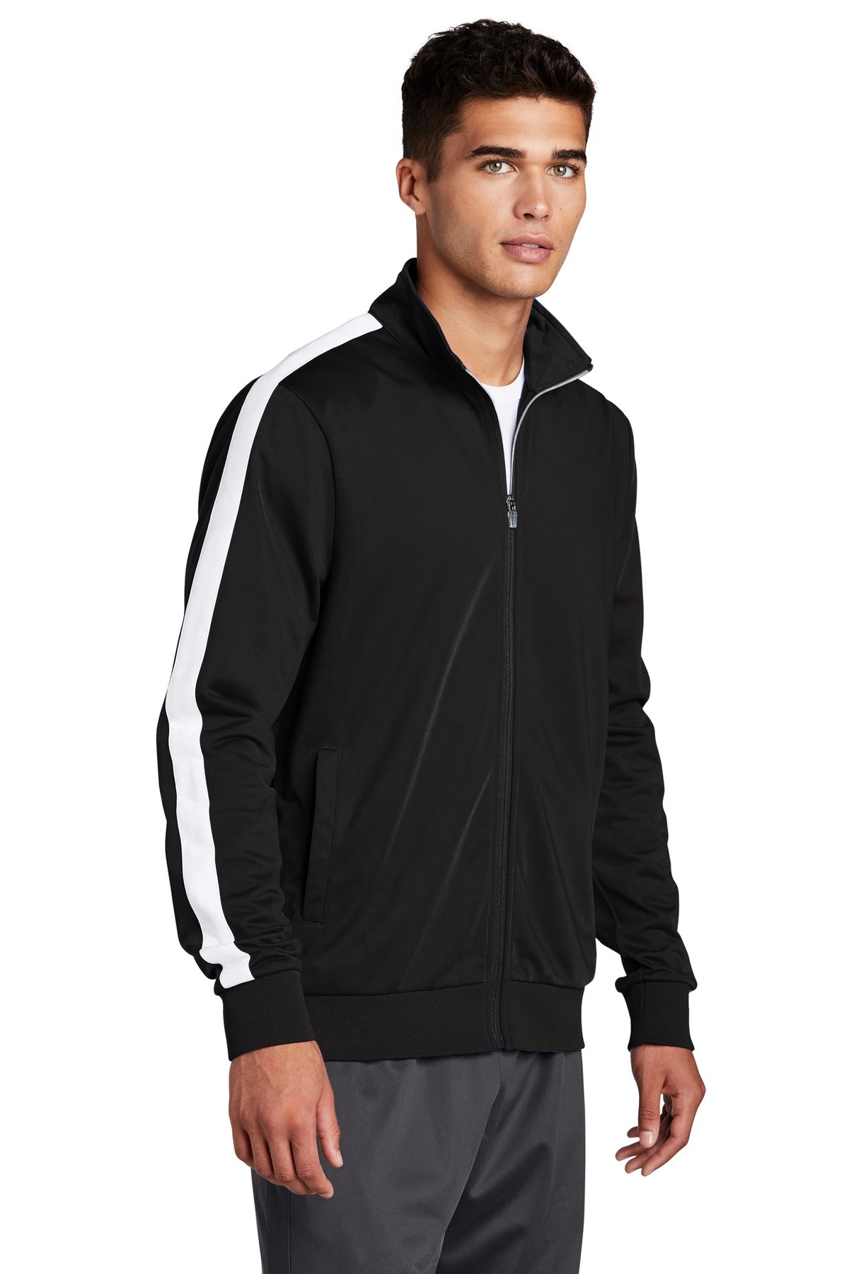 Black/White Sport-Tek Tricot Sleeve Stripe Track Jacket. JST94