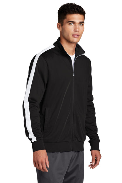 Black/White Sport-Tek Tricot Sleeve Stripe Track Jacket. JST94