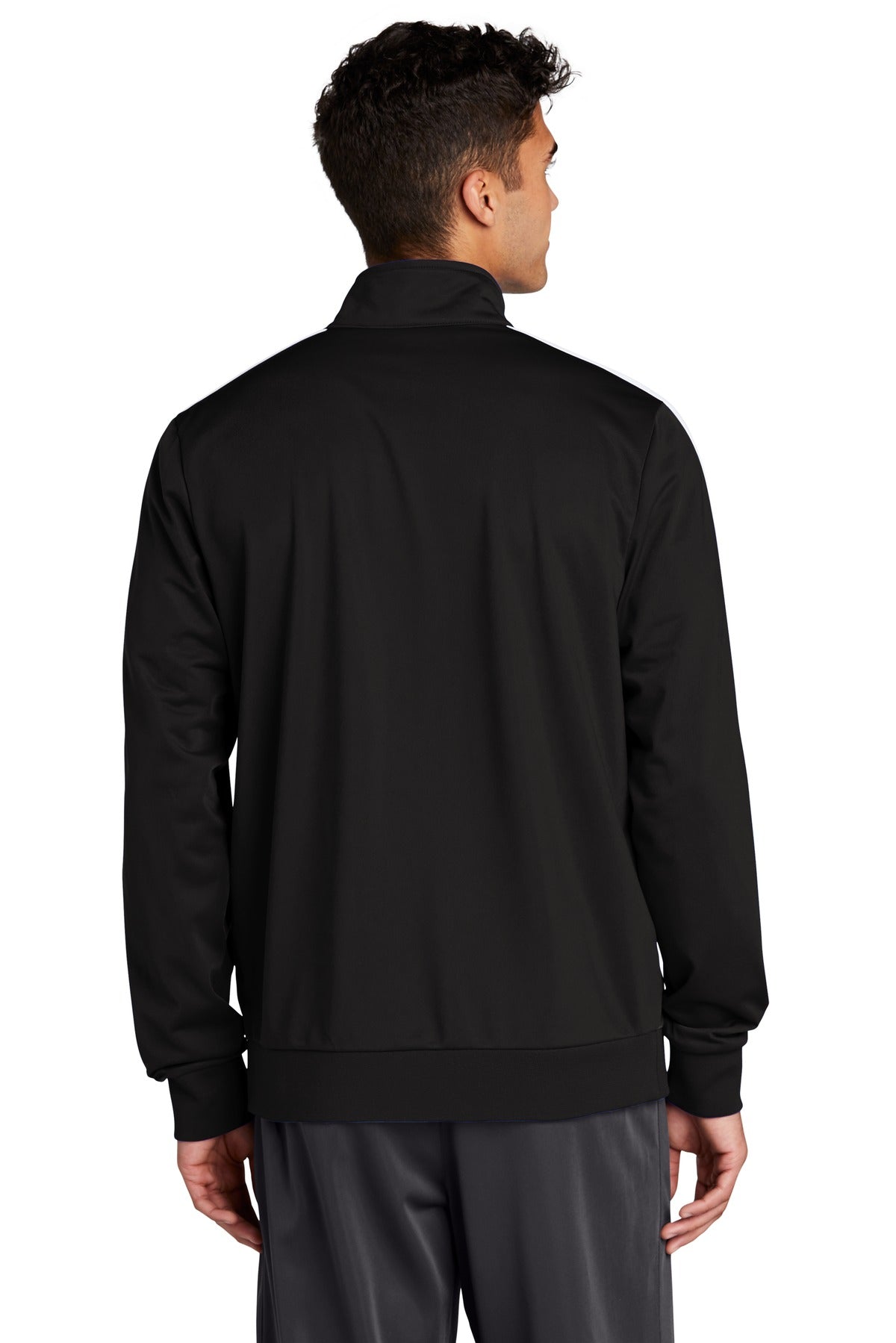 Black/White Sport-Tek Tricot Sleeve Stripe Track Jacket. JST94