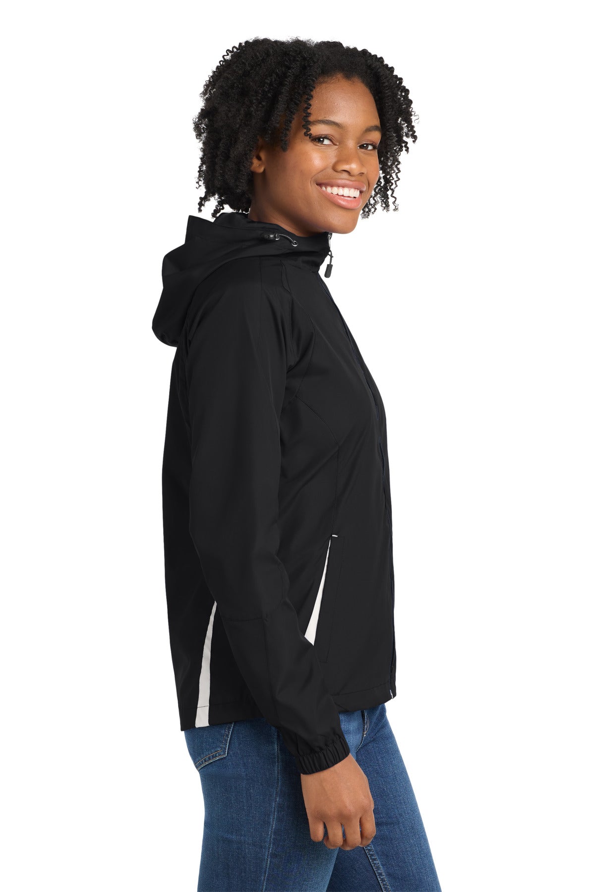 Black/White Sport-Tek Women's Colorblock Hooded Raglan Jacket. LST76