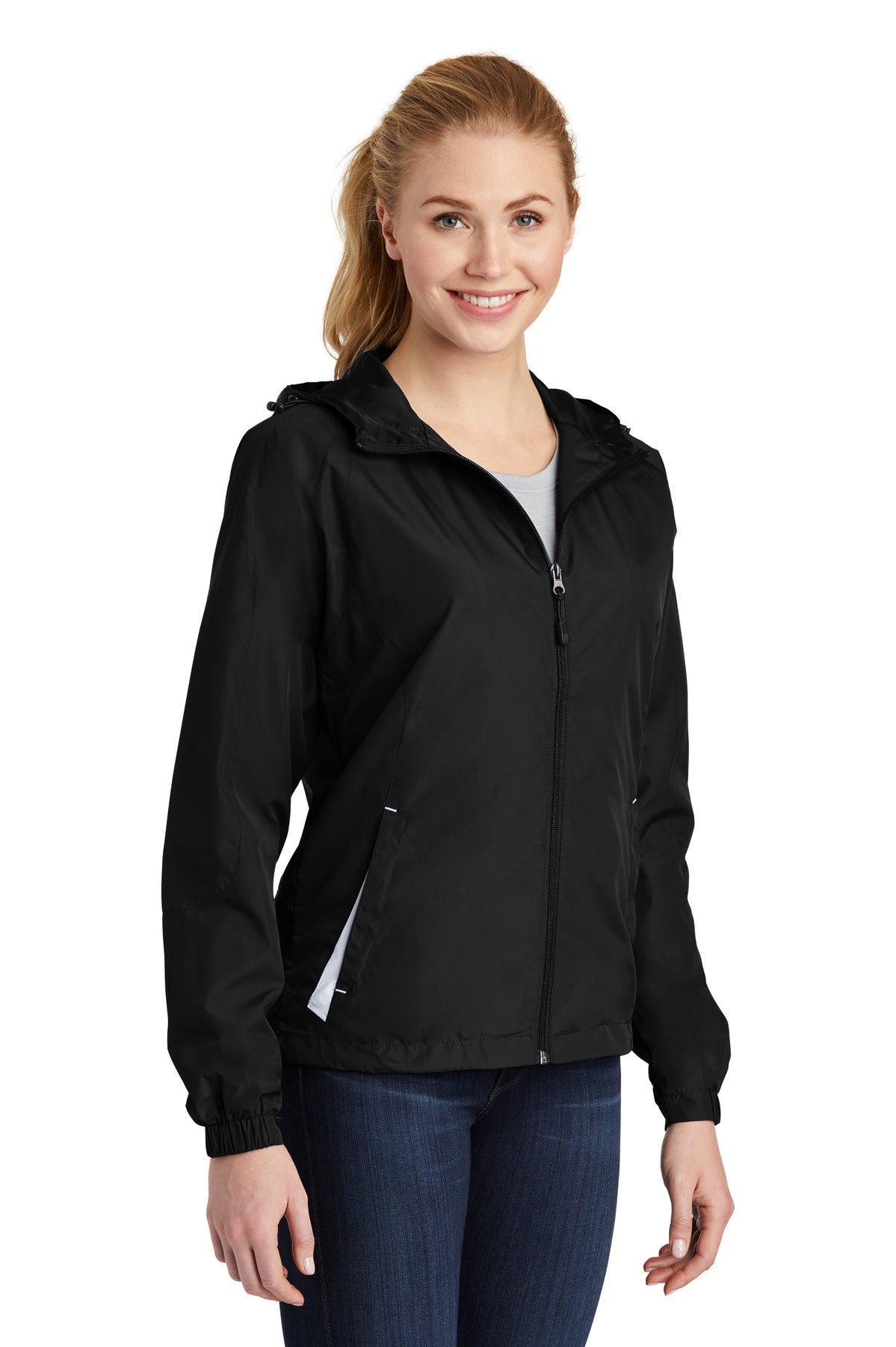 Black/White Sport-Tek Women's Colorblock Hooded Raglan Jacket. LST76