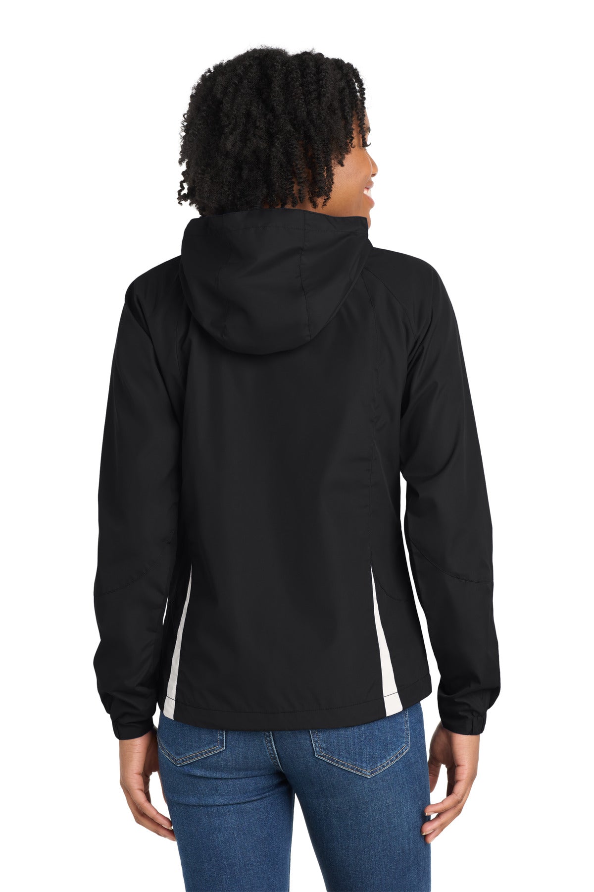 Black/White Sport-Tek Women's Colorblock Hooded Raglan Jacket. LST76