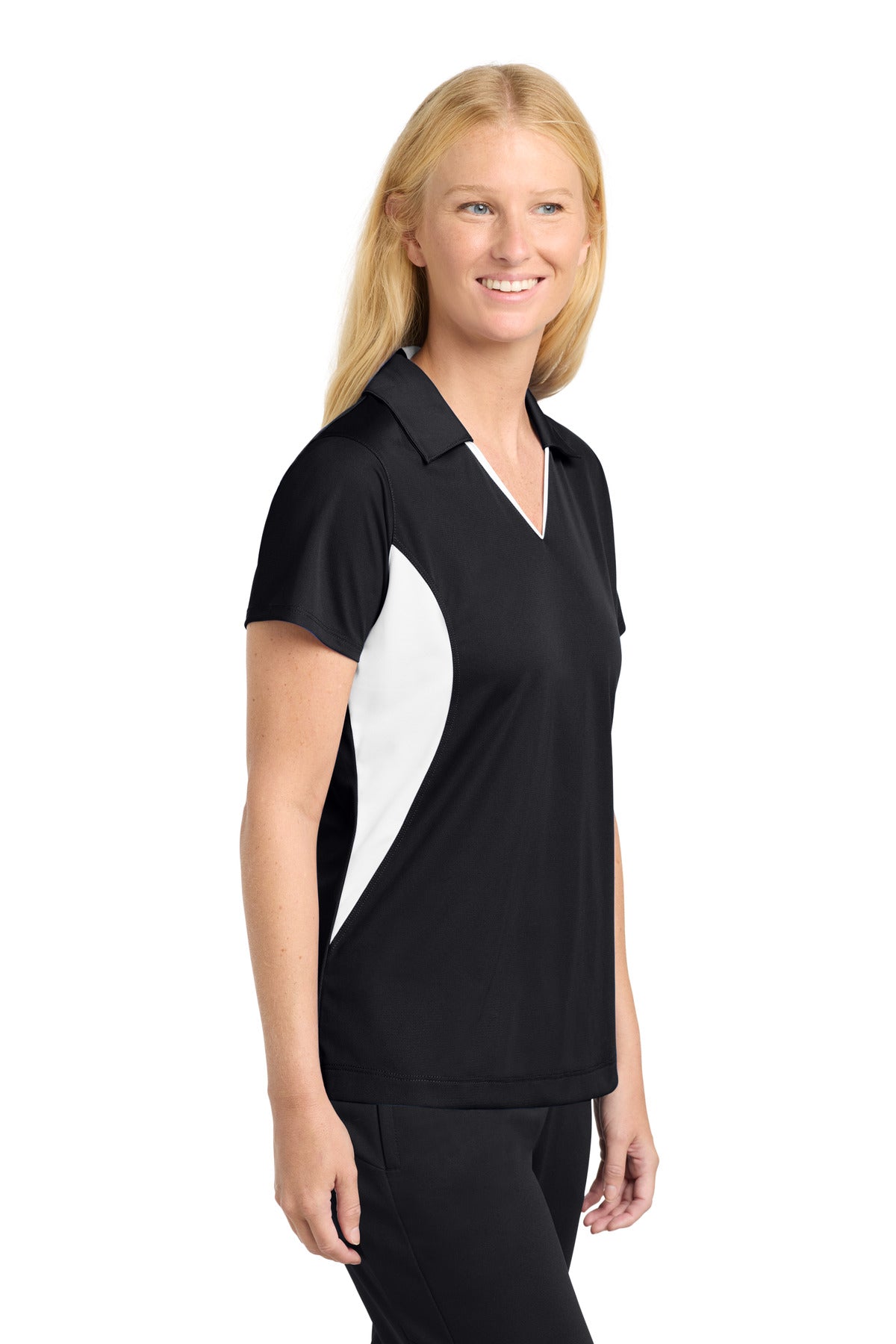 Black/White Sport-Tek Women's Side Blocked Micropique Sport-Wick Polo. LST655