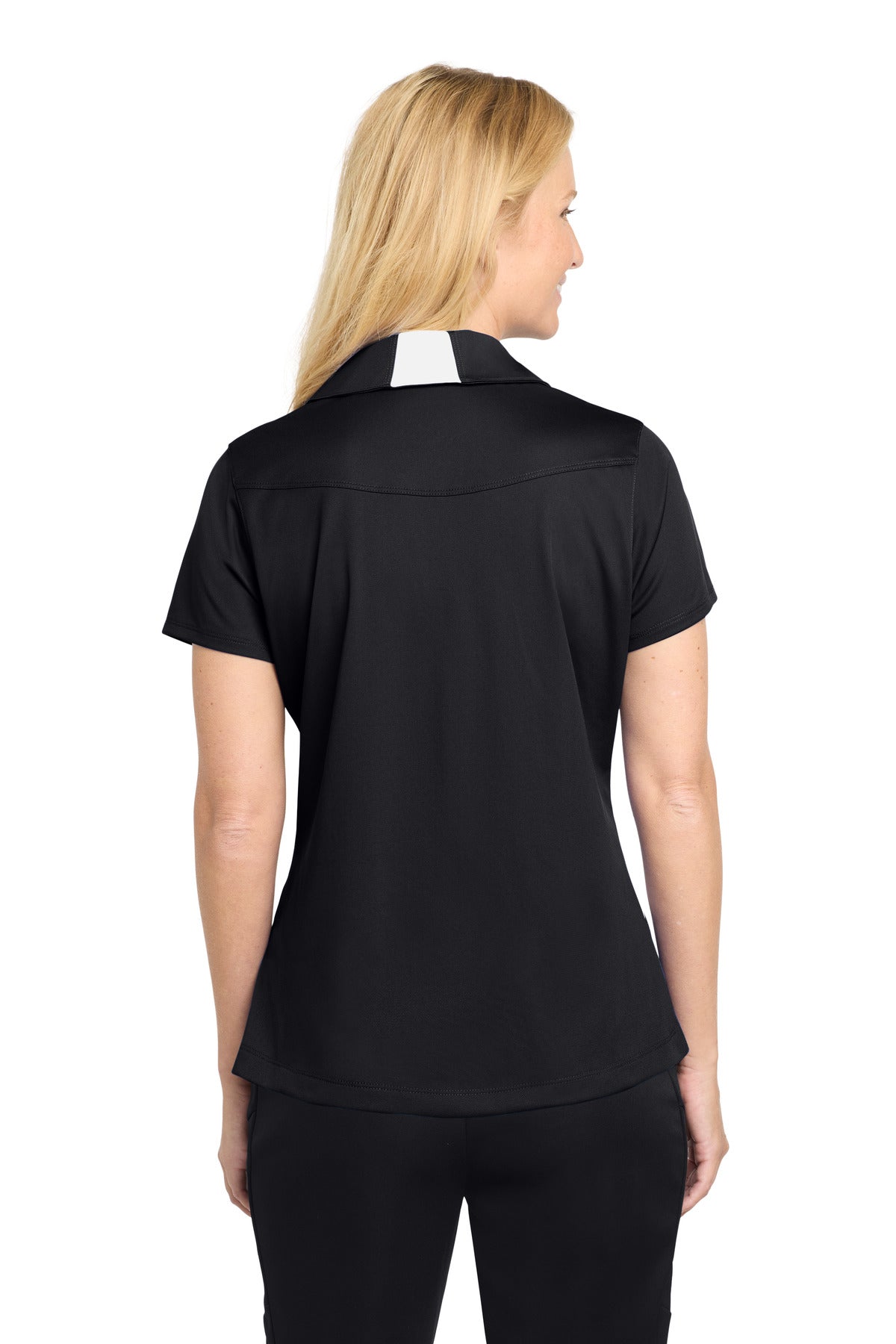 Black/White Sport-Tek Women's Side Blocked Micropique Sport-Wick Polo. LST655