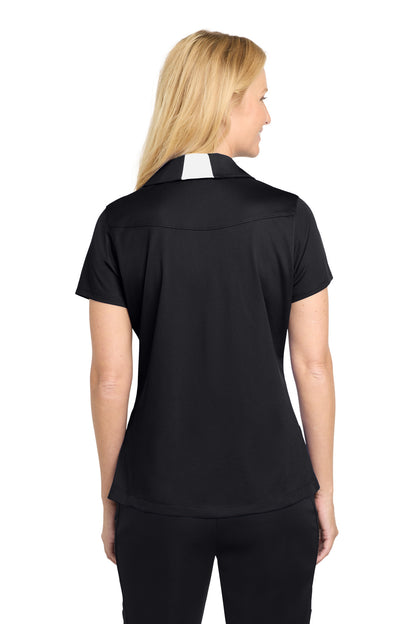 Black/White Sport-Tek Women's Side Blocked Micropique Sport-Wick Polo. LST655