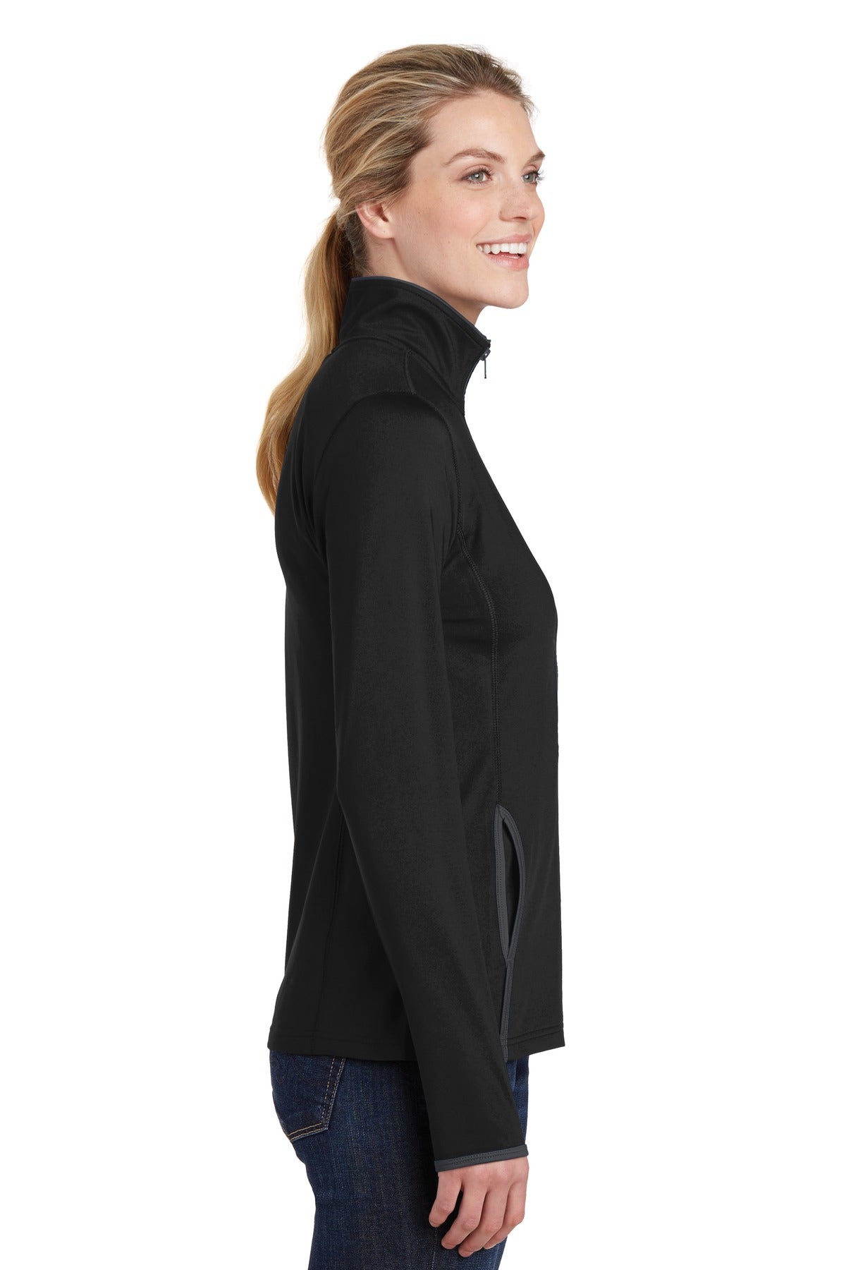 Blk/Char Grey Sport-Tek Women's Sport-Wick Stretch Contrast Full-Zip Jacket. LST853