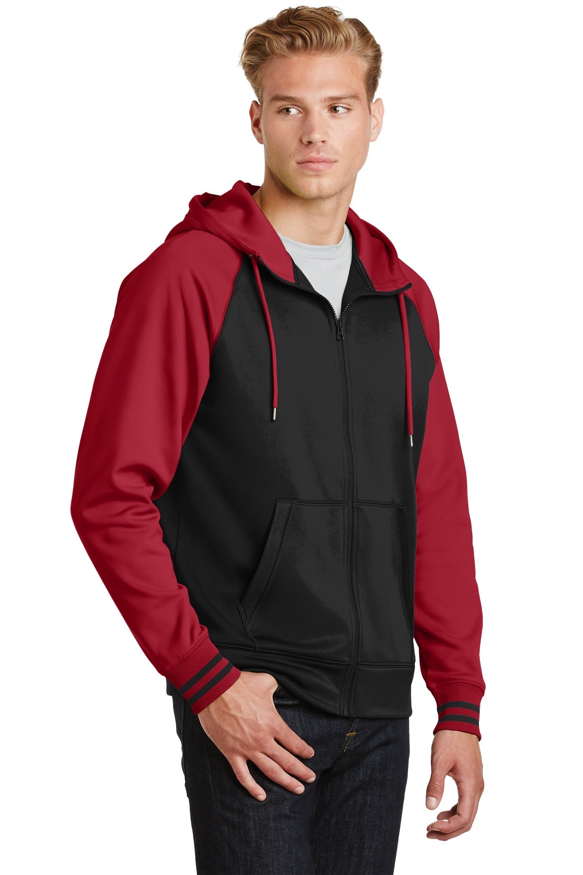 Blk/Deep Red Sport-Tek Sport-Wick Varsity Fleece Full-Zip Hooded Jacket. ST236