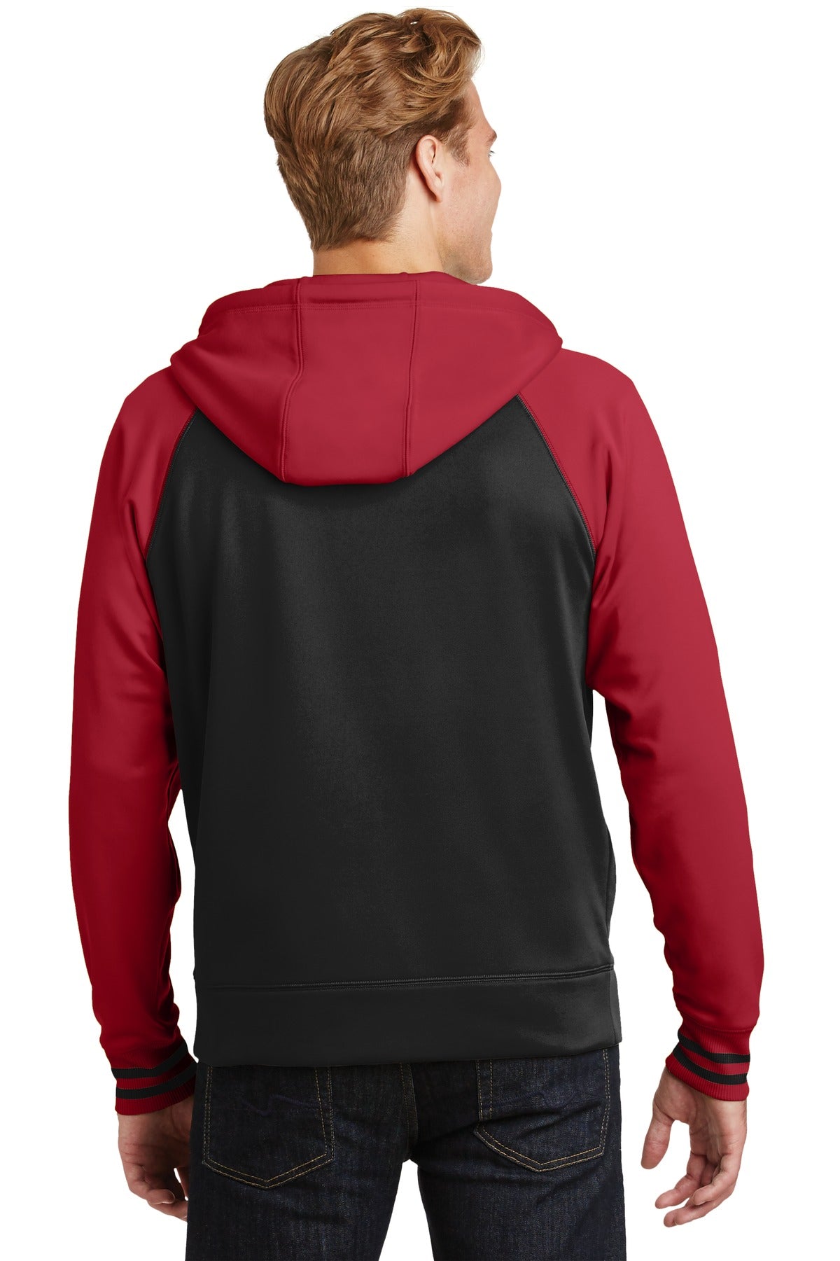 Blk/Deep Red Sport-Tek Sport-Wick Varsity Fleece Full-Zip Hooded Jacket. ST236