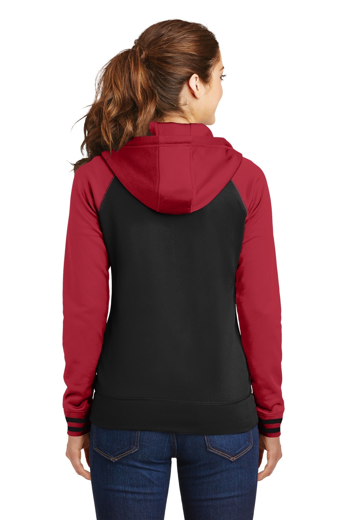 Blk/Deep Red Sport-Tek Women's Sport-Wick Varsity Fleece Full-Zip Hooded Jacket. LST236