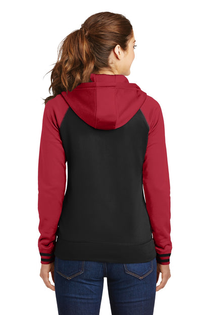 Blk/Deep Red Sport-Tek Women's Sport-Wick Varsity Fleece Full-Zip Hooded Jacket. LST236