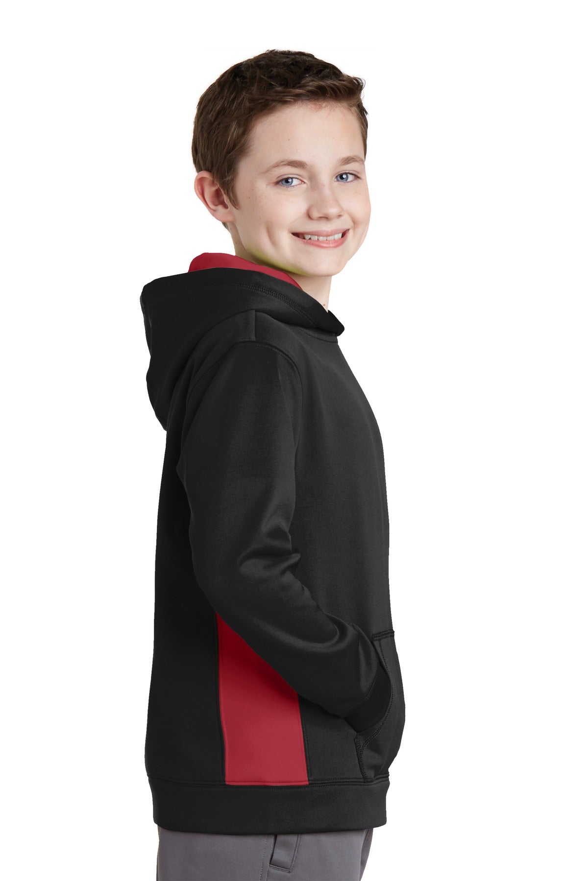 Blk/Deep Red Sport-Tek Youth Sport-Wick Fleece Colorblock Hooded Pullover. YST235