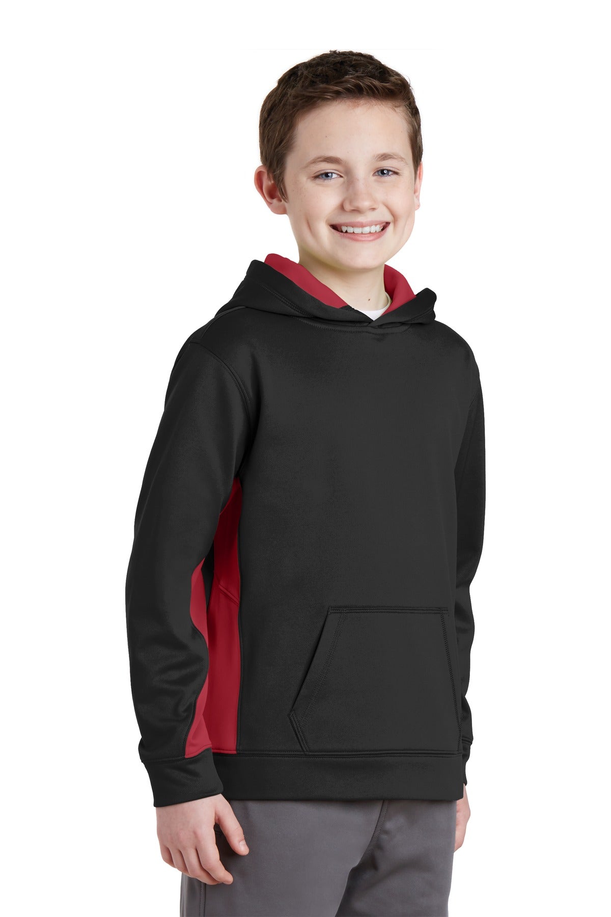 Blk/Deep Red Sport-Tek Youth Sport-Wick Fleece Colorblock Hooded Pullover. YST235