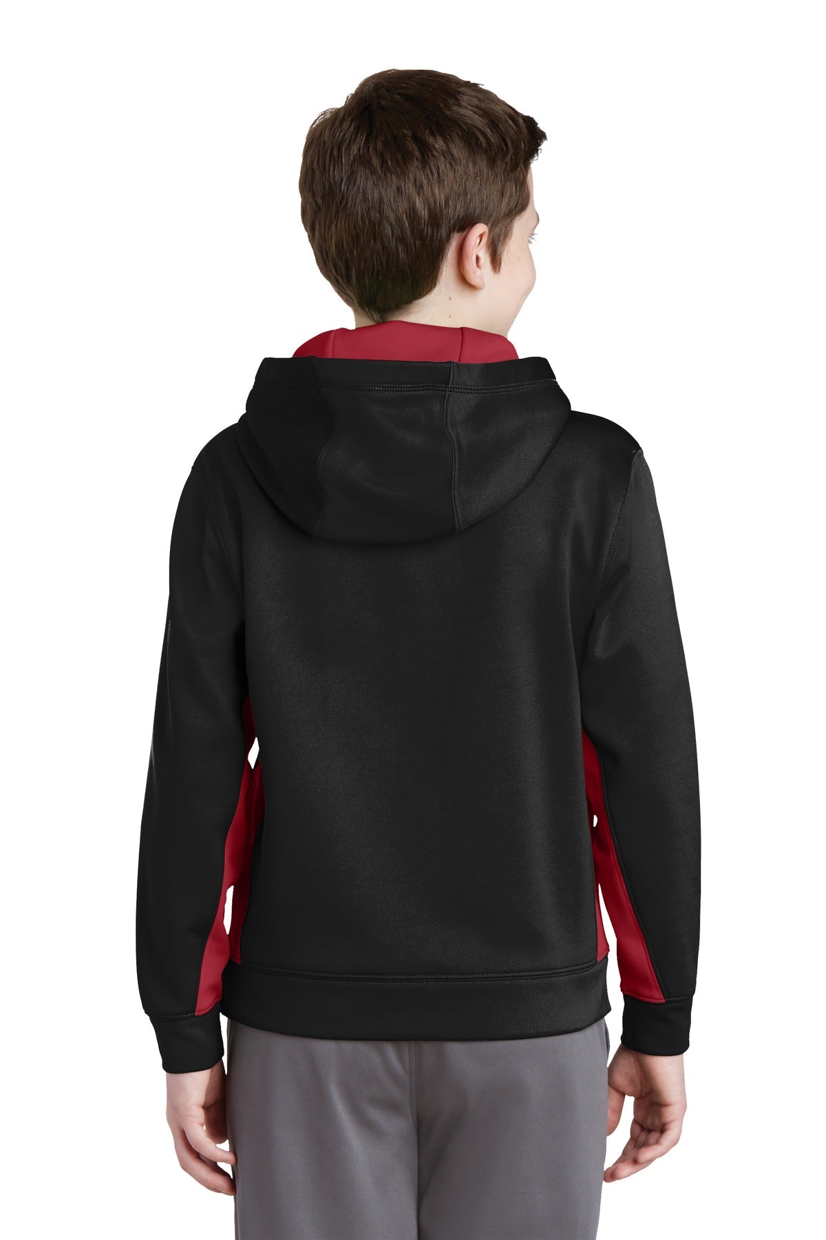 Blk/Deep Red Sport-Tek Youth Sport-Wick Fleece Colorblock Hooded Pullover. YST235