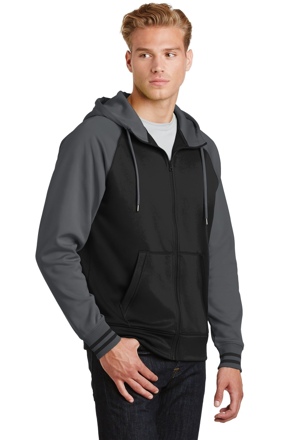 Blk/Dk Smk Gry Sport-Tek Sport-Wick Varsity Fleece Full-Zip Hooded Jacket. ST236