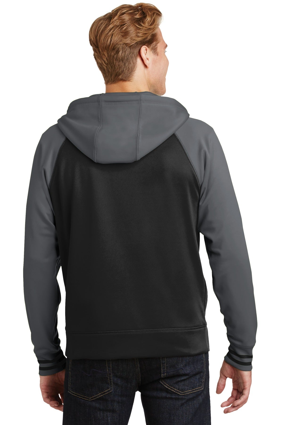 Blk/Dk Smk Gry Sport-Tek Sport-Wick Varsity Fleece Full-Zip Hooded Jacket. ST236