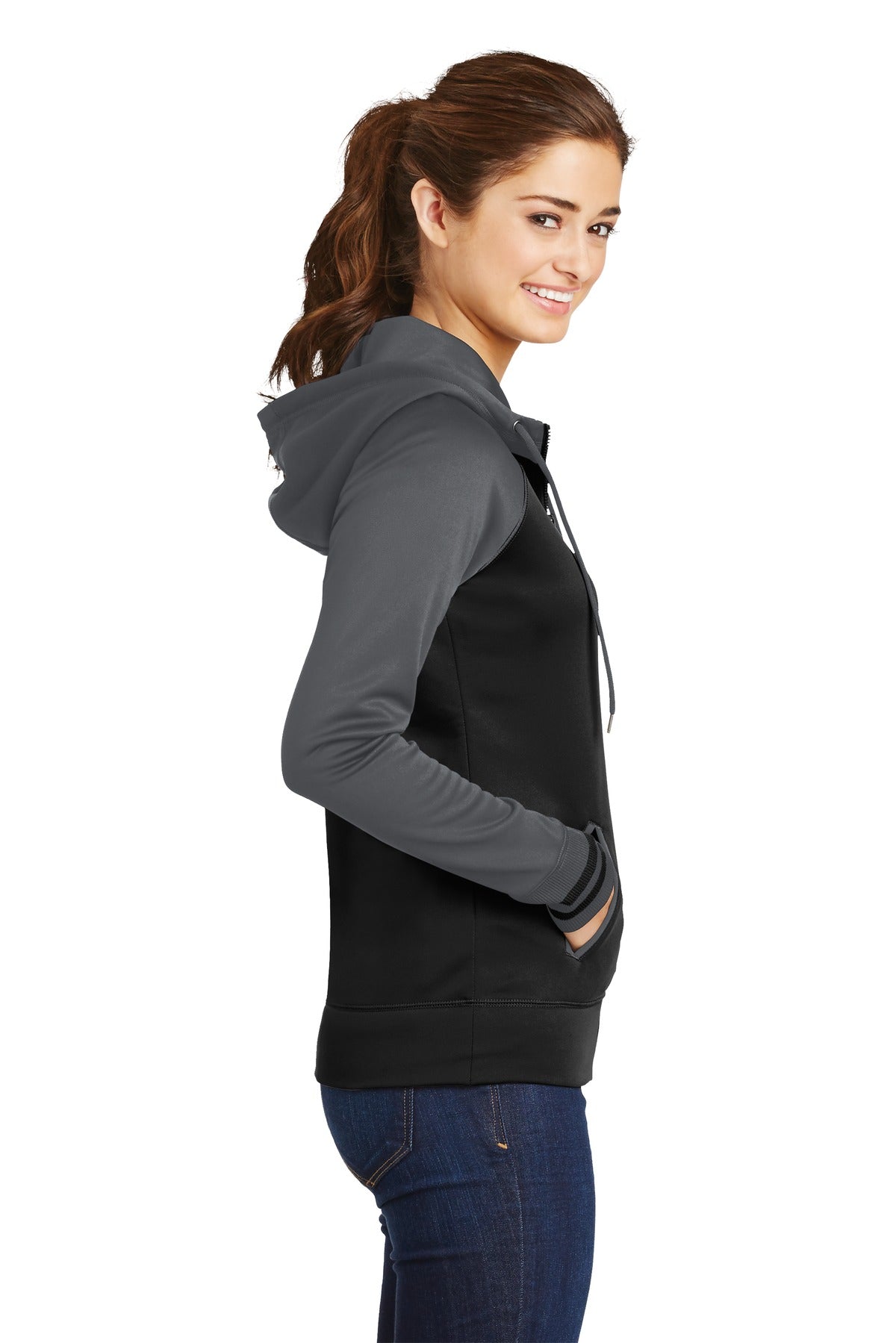 Blk/Dk Smk Gry Sport-Tek Women's Sport-Wick Varsity Fleece Full-Zip Hooded Jacket. LST236