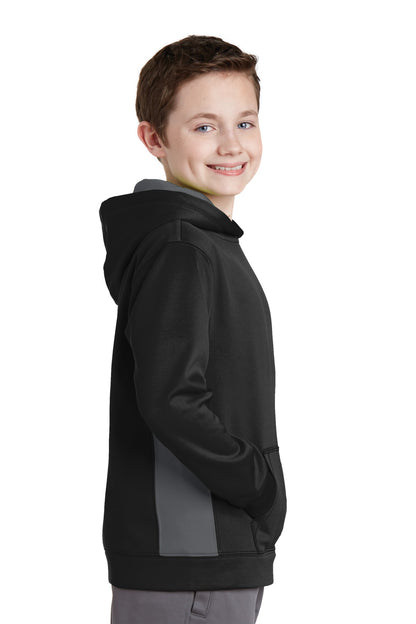 Blk/Dk Smk Gry Sport-Tek Youth Sport-Wick Fleece Colorblock Hooded Pullover. YST235