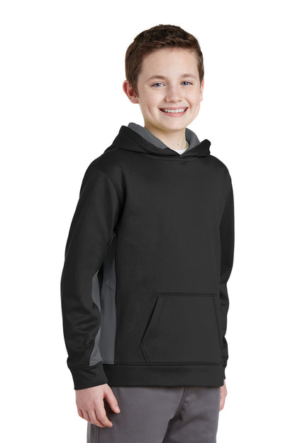 Blk/Dk Smk Gry Sport-Tek Youth Sport-Wick Fleece Colorblock Hooded Pullover. YST235