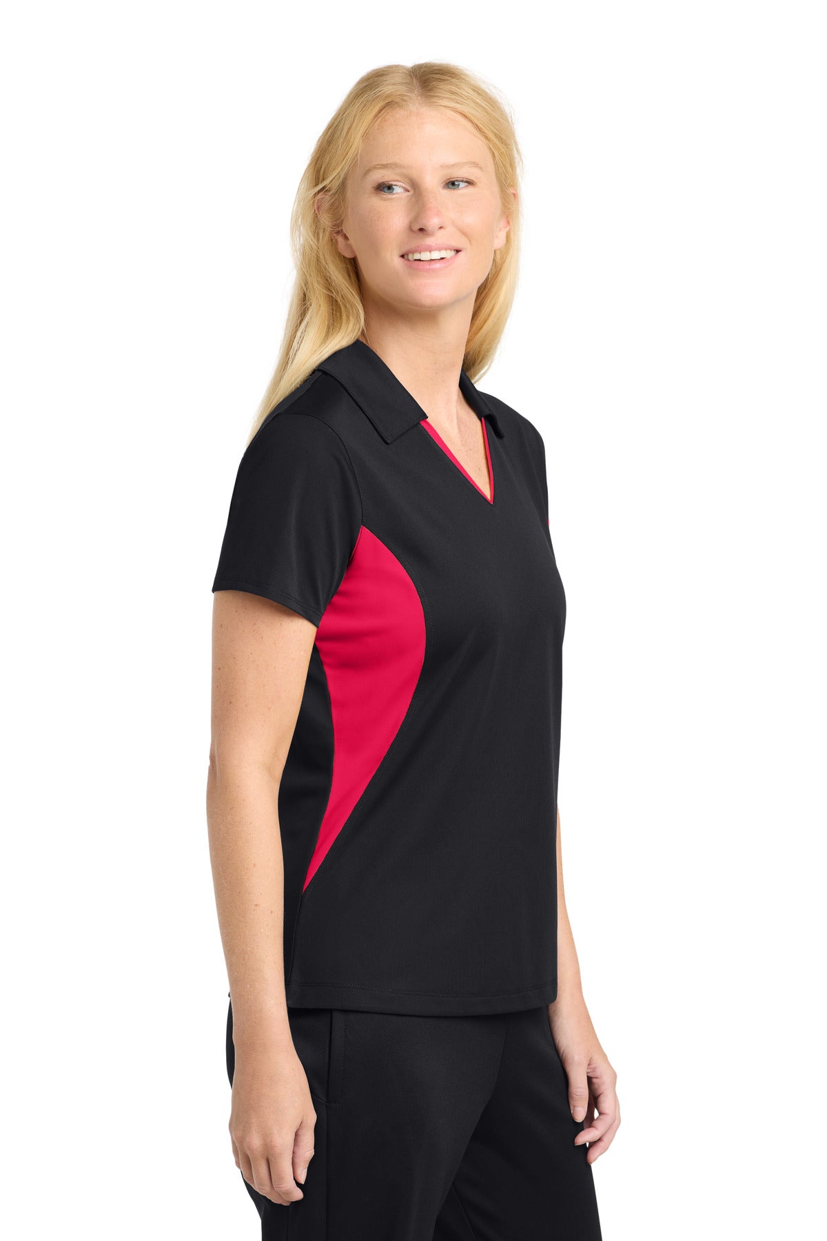 Blk/DpRed Sport-Tek Women's Side Blocked Micropique Sport-Wick Polo. LST655