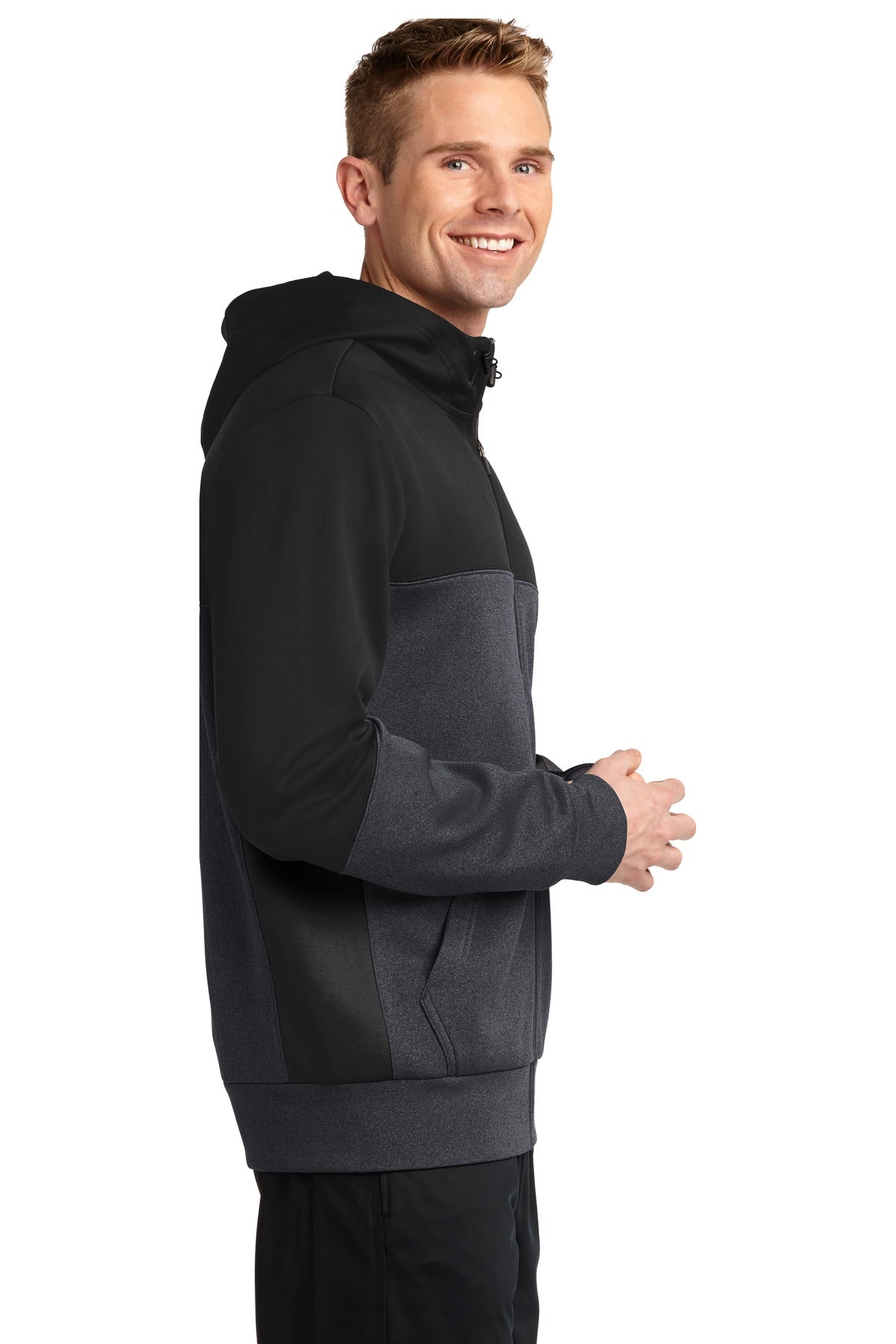 Blk/Gph/Black Sport-Tek Tech Fleece Colorblock Full-Zip Hooded Jacket. ST245