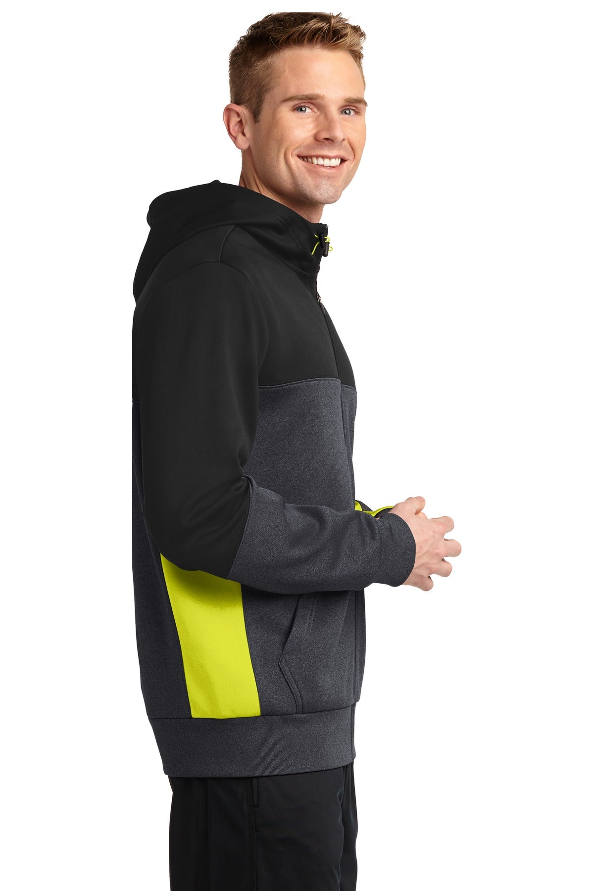 Blk/Gph/Citron Sport-Tek Tech Fleece Colorblock Full-Zip Hooded Jacket. ST245